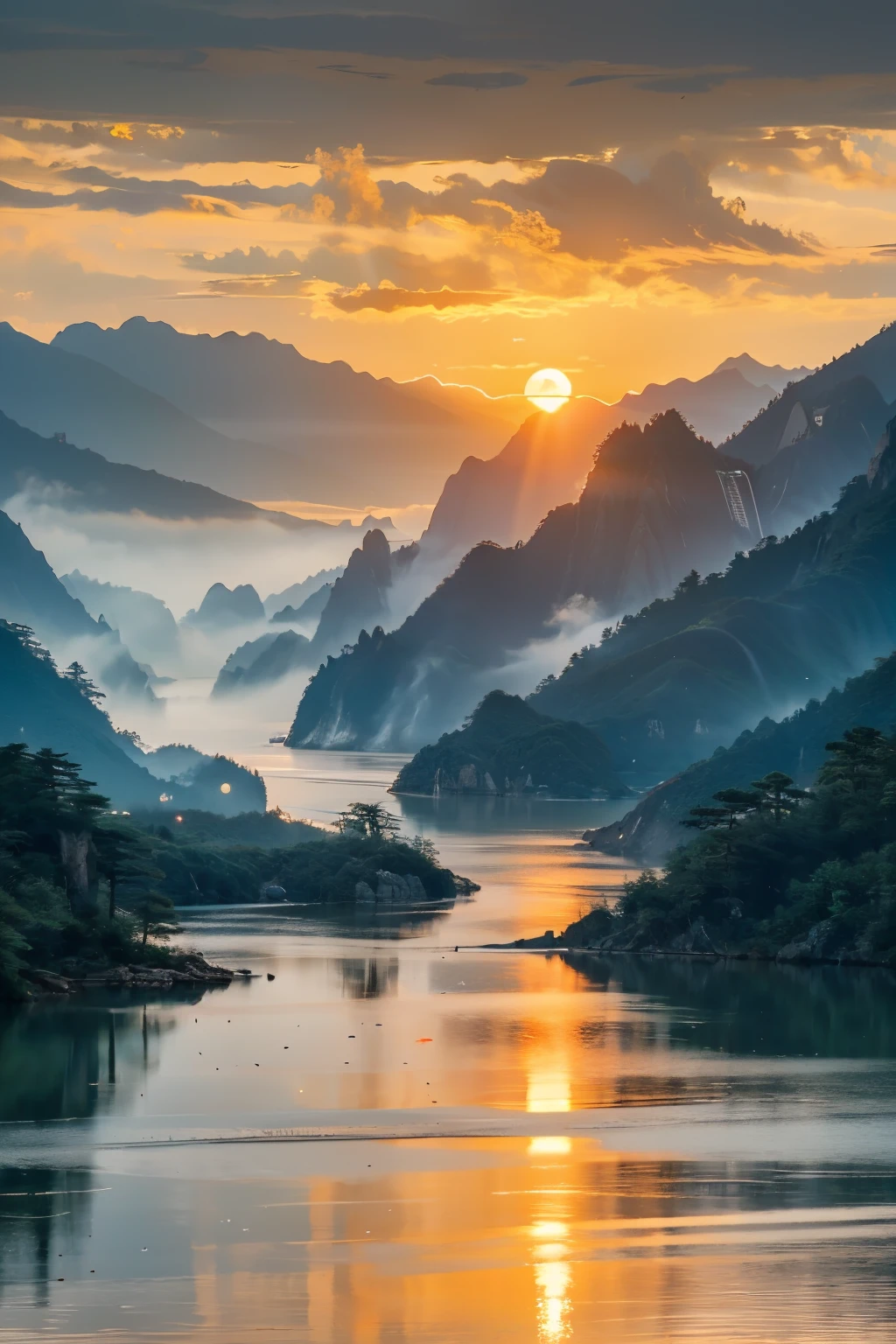 Landscape Photography，Huangshan，Mountain，Sunset，Golden Hour，pine，National Geographic Works，Award-winning photos，reality，HD，high quality，HDR，8K