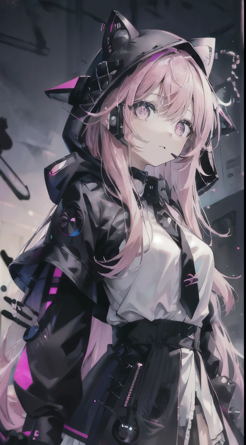((highest quality)), ((masterpiece)), (Very detailed:1.3)， yandere expression, View the viewer, (background imageまるで夢のようだ, Blurred, (at night:1.5), (Neon Gradient:1.5))，(background image，A gothic and tech-inspired design of a futuristic city on a neon background)，High resolution, retina, masterpiece, Accurate, Anatomically correct, Rough skin, Very detailed, Advanced Details, high quality, Awards, high quality, High resolution, High resolution, 4K,(anime,8k,masterpiece, high quality, high quality,beautifully、aesthetic:1.2,Professional Illustration:1.1,Very detailed:1.3,Perfect lighting),Very detailed,Most detailed,High resolution,Cute pose，from front，(Pink Hair:1.5)，(long hair:1.5)， (cat ear hood)，(hood up), (black Parker: 2)，open Parker，(White prairie blouse:1.5)，(black necktie)，(bare shoulders)， white shirts, collared shirt，layer of clothes，necktie, short skirt, black skirt