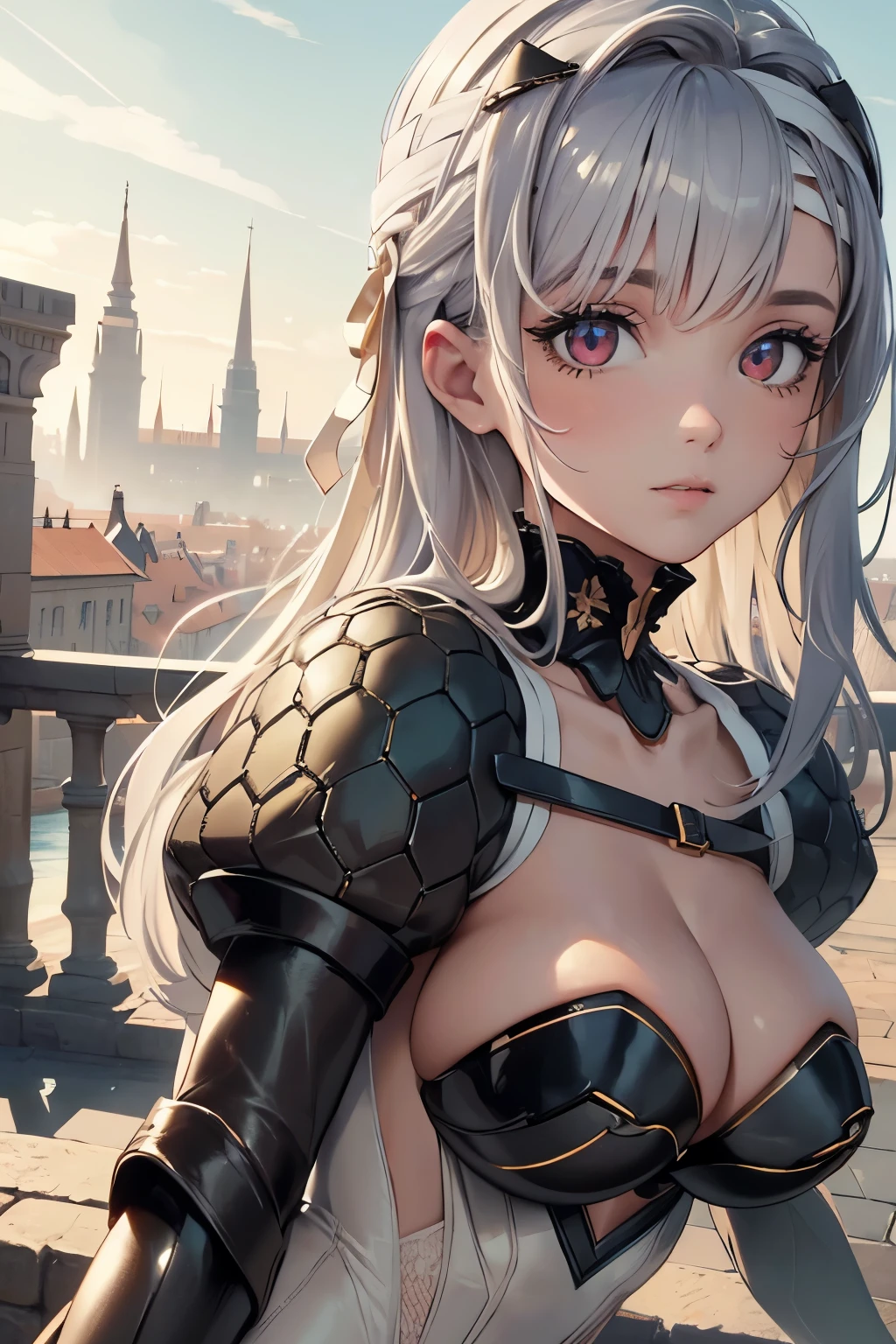 (paysage ville), (finely detailed eyes and detailed face:1.3), (extremely fine and beautiful:1.1), (Perfect details:1.1), nikke, rear view, moderniadef, shoulder pads, bodysuit