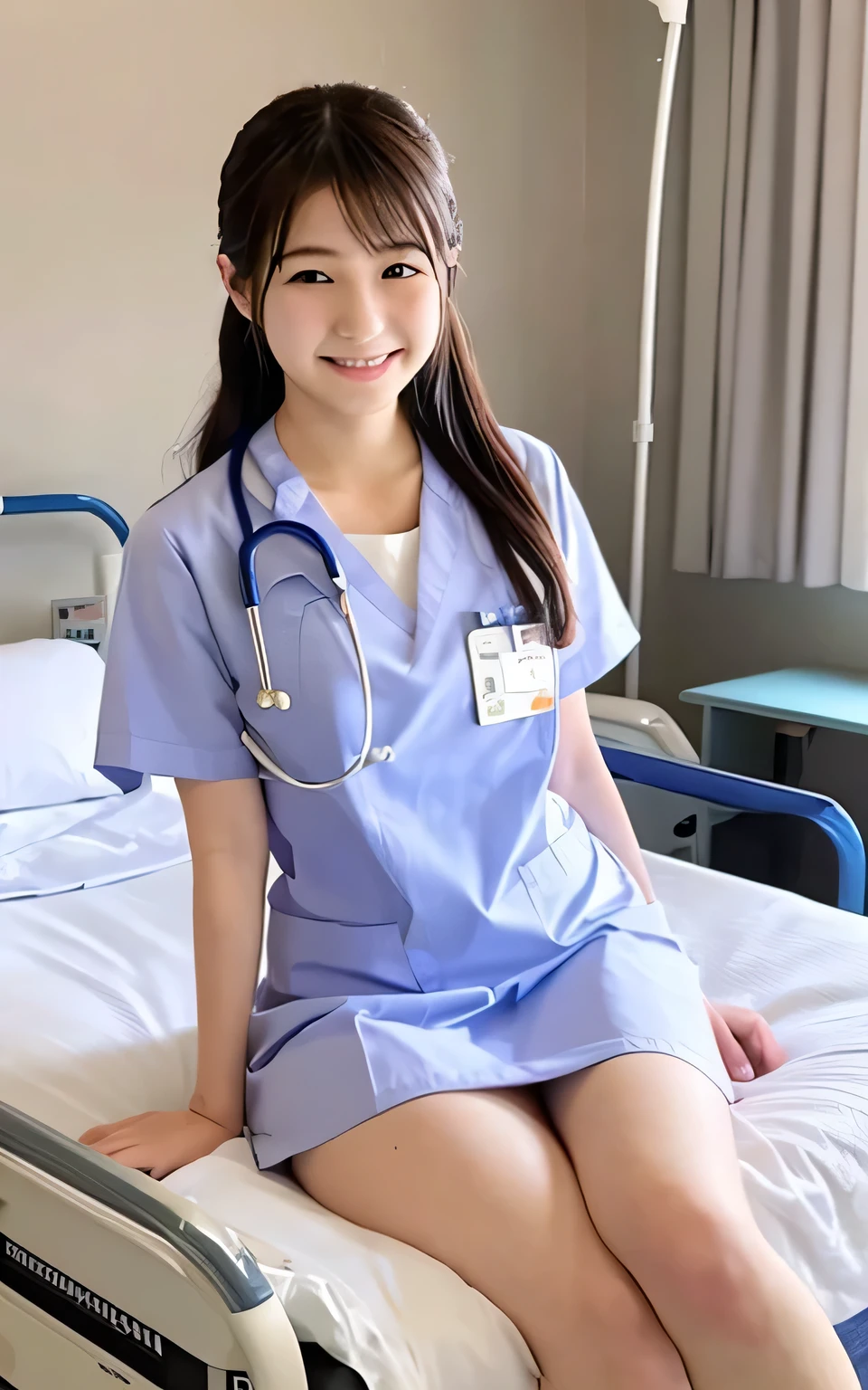 (masterpiece:1.2), super high quality, japanese girl, 1 girl, slender body, (18-year-old), smiling, sunshine, thighs, nurse uniform, on a hospital bed,