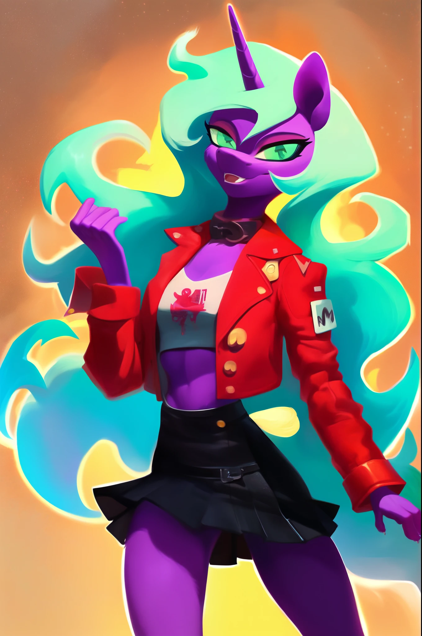 masterpiece, solo, highly detailed fur, extreme detail, rating_safe, score_9, fluffy, furry, jacket, skirt, anthro unicorn pony, purple fur, green hair, Scanty from Panty and Stocking as a pony, medium breasts, cinematic shadows, cinematic fur detail, long green hair