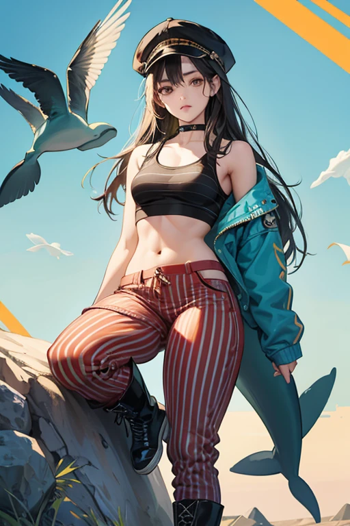  with long dark hair. She sports three dots under her left eye. Gwess wears horizontally striped pants and a matching tank top, over which she wears a typical Green Dolphin Street inmate jacket. Her pants are covered with stripes over her thighs with different colored normal pant legs behind and down to her feet. She also sports a pair of boots, decorated outside the pants by long accessories that are incrementally indented. She wears a voided hat furnished with a bird feet motif, out from which her hair sticks out, as well as a thick collar around her neck. SPARKLE; GLITTER