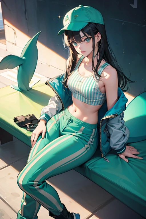  with long dark hair. She sports three dots under her left eye. Gwess wears horizontally striped pants and a matching tank top, over which she wears a typical Green Dolphin Street inmate jacket. Her pants are covered with stripes over her thighs with different colored normal pant legs behind and down to her feet. She also sports a pair of boots, decorated outside the pants by long accessories that are incrementally indented. She wears a voided hat furnished with a bird feet motif, out from which her hair sticks out, as well as a thick collar around her neck. SPARKLE; GLITTER