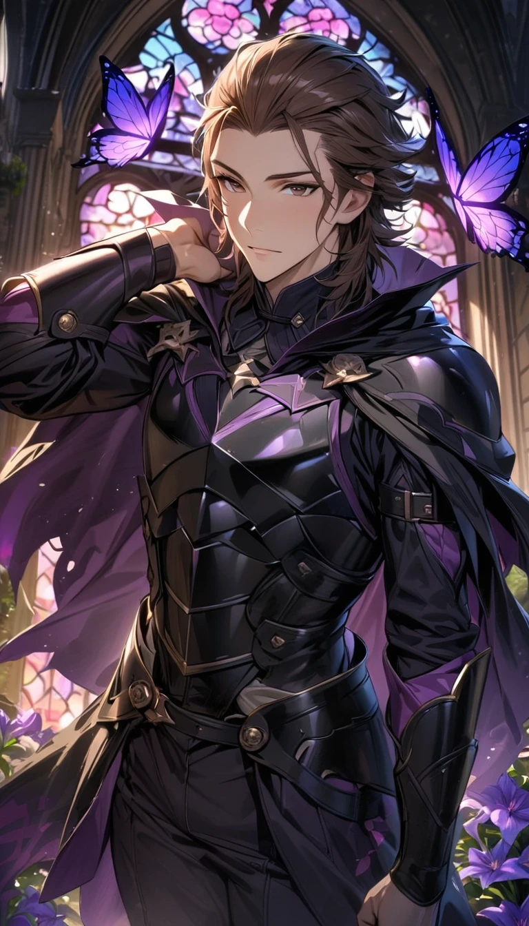 absurdres, highres, ultra detailed, HDR, master piece, best quality, Gerome, brown hair, expressive brown eyes, Fire Emblem Awakening, black cape, black armor, solo, sexy man, handsome, glass stained window, purple shining butterflies, purple lilies, purple petals, garden