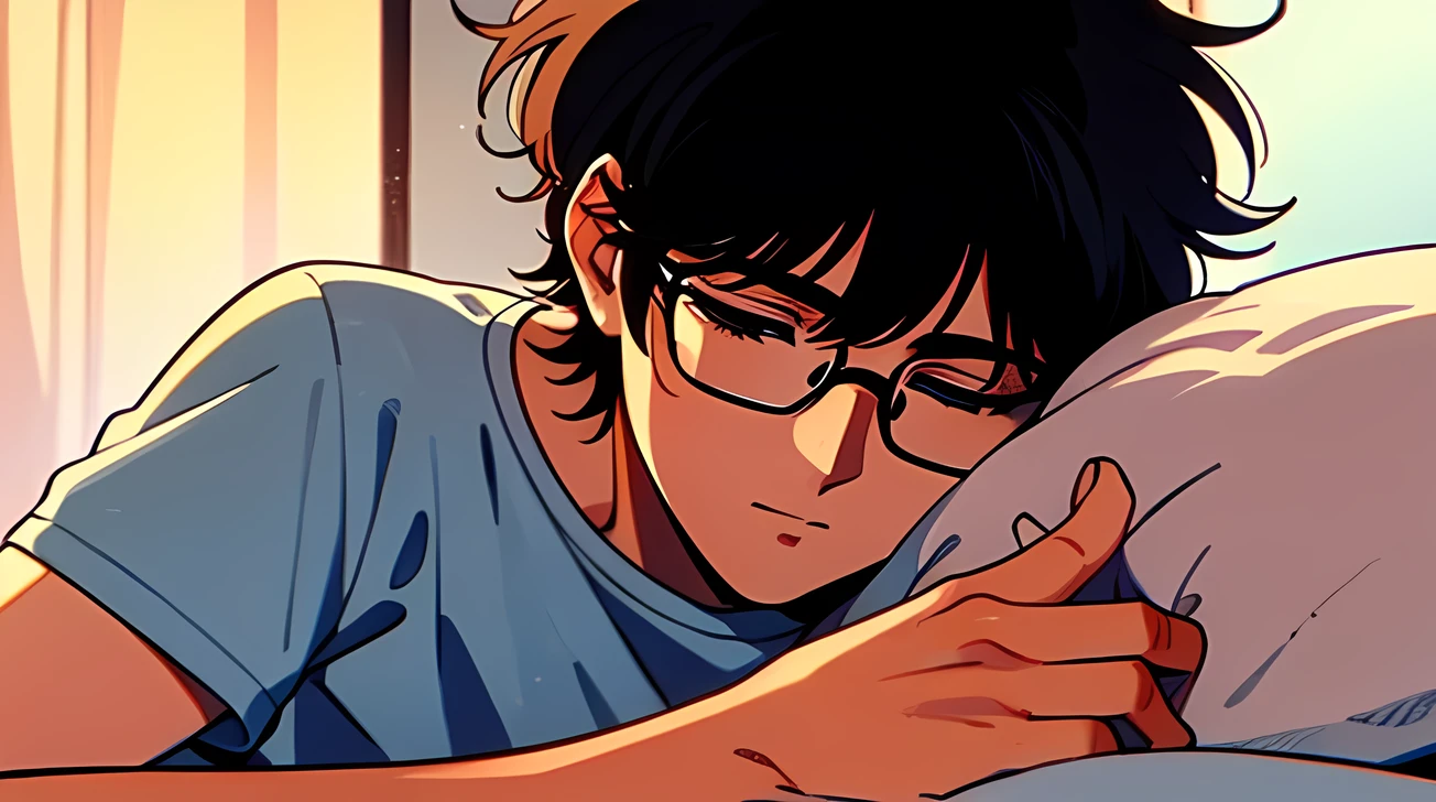 A 19 years old guy with round glasses, short hair, messy hair, hair between eyes, black hair, with his head lying on pillow, close up, school, white t-shirt, masterpiece, 1990s style
