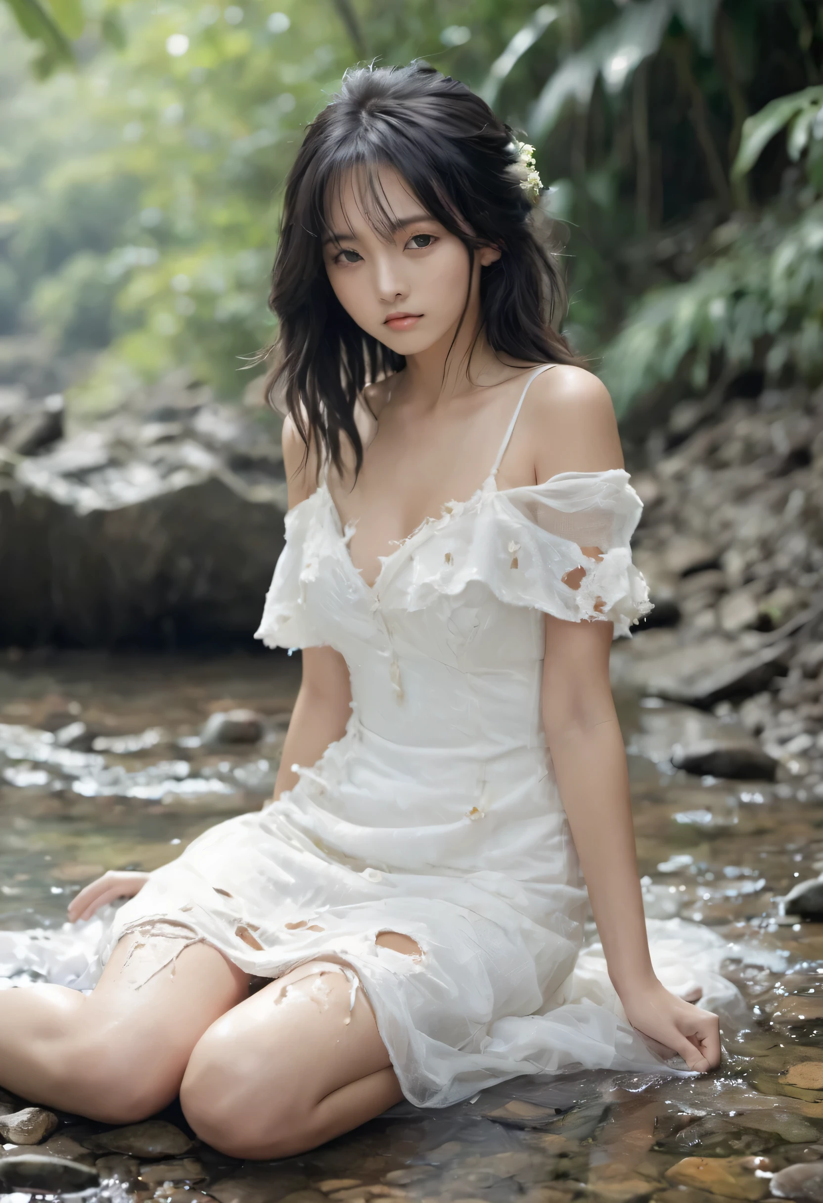 (highest quality, 4K. photograph, Fine:1.4), (A very dirty Japanese girl wandering around a deserted island:1.3), 18-year-old, Drifting Girl, Distressed Girl, very cute, Ragged black hair, In rags, A dirty and tattered short white wedding dress, Very beautiful:1.2, I can see her thighs, Covered in scars, Half naked, Tattered and torn short white wedding dress, covering one&#39;s chest with one&#39;s arms, Embarrassed and crying, Sleeveless, 裂けてI can see her thighs白い短いウエディングドレス:1.2, Homeless, Muddy&#39;s Shoes, Walking while crying, Deserted Island, washed ashore, Feeling embarrassed, Belly button, The whole body is dirty, A short wedding dress badly ripped, Like a wild , White shoes, Muddy, Tattered clothes, Torn Skirt, 
