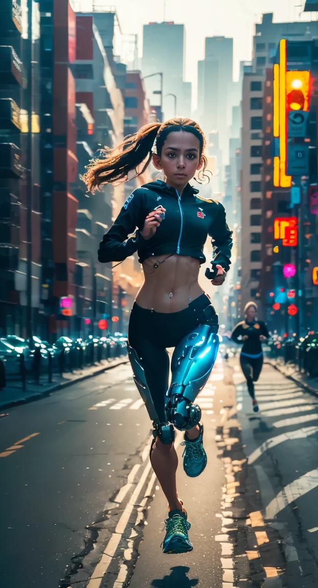 A cyborg girl is jogging down the street of a big city, passersby watching her with interest, high quality, Absurd, Masterpiece, Beautiful, complex parts, 1/2 body crops, slender body, Beautiful figure, Magnificent Anatomy, (complex parts:1.12), HDR, (complex parts, hyper detail:1.15), (natural skin textures, Hyperrealistic, soft light, Spicy:1.2)