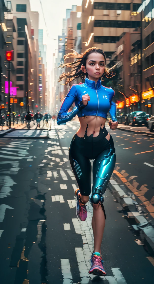 A cyborg girl is jogging down the street of a big city, passersby watching her with interest, high quality, Absurd, Masterpiece, Beautiful, complex parts, 1/2 body crops, slender body, Beautiful figure, Magnificent Anatomy, (complex parts:1.12), HDR, (complex parts, hyper detail:1.15), (natural skin textures, Hyperrealistic, soft light, Spicy:1.2)