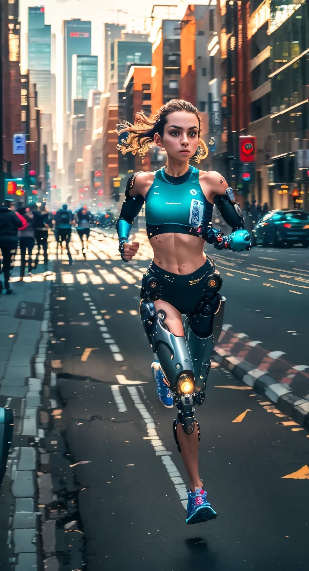 A cyborg girl is jogging down the street of a big city, passersby watching her with interest, high quality, Absurd, Masterpiece, Beautiful, complex parts, 1/2 body crops, slender body, Beautiful figure, Magnificent Anatomy, (complex parts:1.12), HDR, (complex parts, hyper detail:1.15), (natural skin textures, Hyperrealistic, soft light, Spicy:1.2)