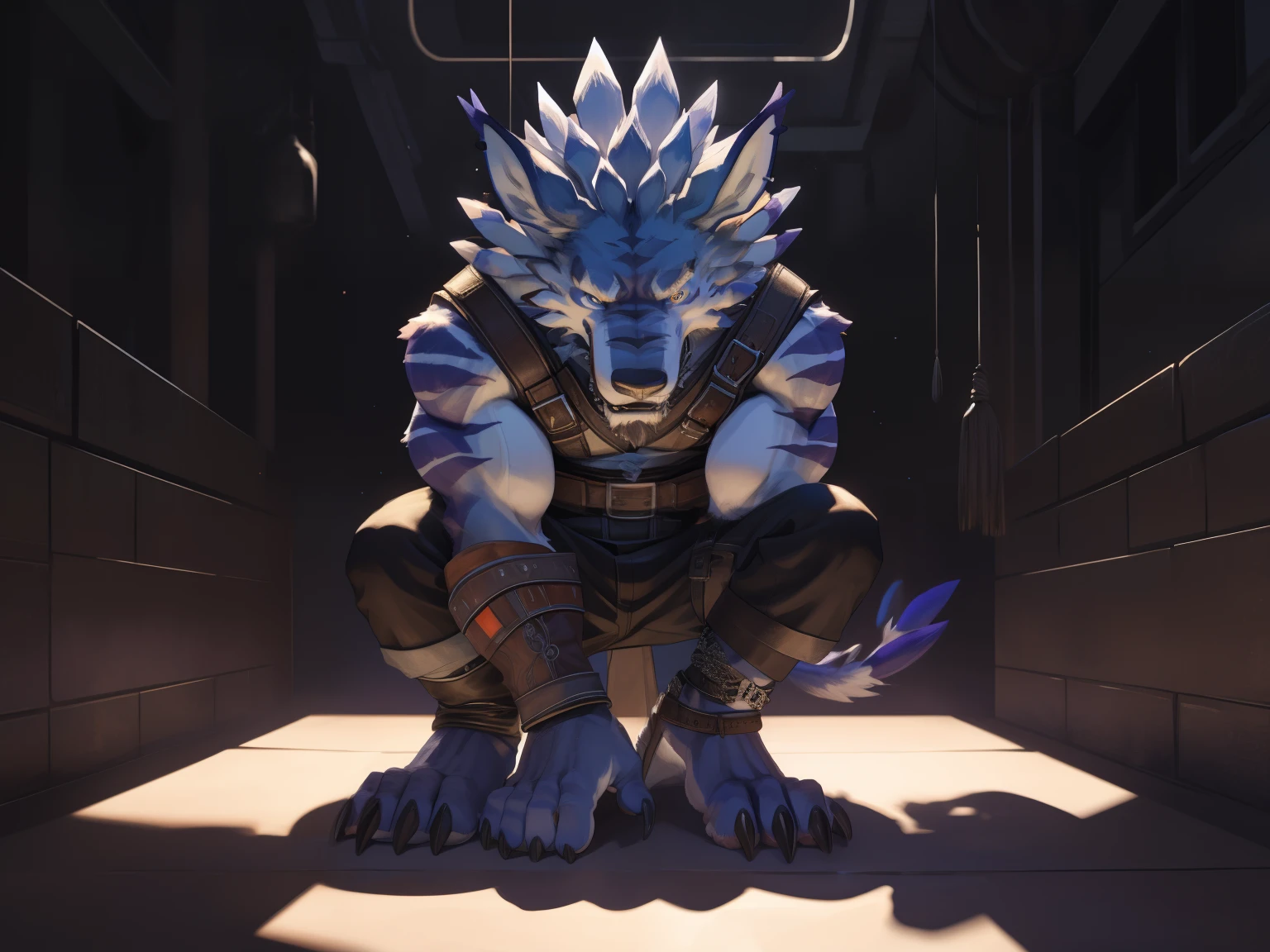 Barefoot hypnotised WereGarurumon wears black ninja suit, tebowing, detailed paws with claws, blue fur, in a trance, a look of weak resistance to hypnosis on his face, drooling, red glow in his eyes