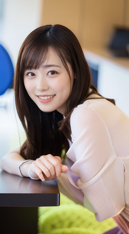 (highest quality,16k,High resolution,masterpiece:1.2),Very detailed,(Realistic,photoRealistic,photo-Realistic:1.37)The most beautiful woman in the world、Beautiful, clear white skin、Full Body Shot,18-year-old,Beautifully detailed face,Detail View,Renaissance art,A delicate work of art,1 Japanese female,OL、office、Adorable smile、officeの服装、Business shirts、Tight shirt、Grey tight skirt、mini skirt、pumps,highest quality,Very delicate and beautiful 8K,非常にHigh resolution,,Beautiful detailed girl,Realistic、officeの中、officeのSit on a chair、Computer Desk、Beautiful appearance、Sit on a chair