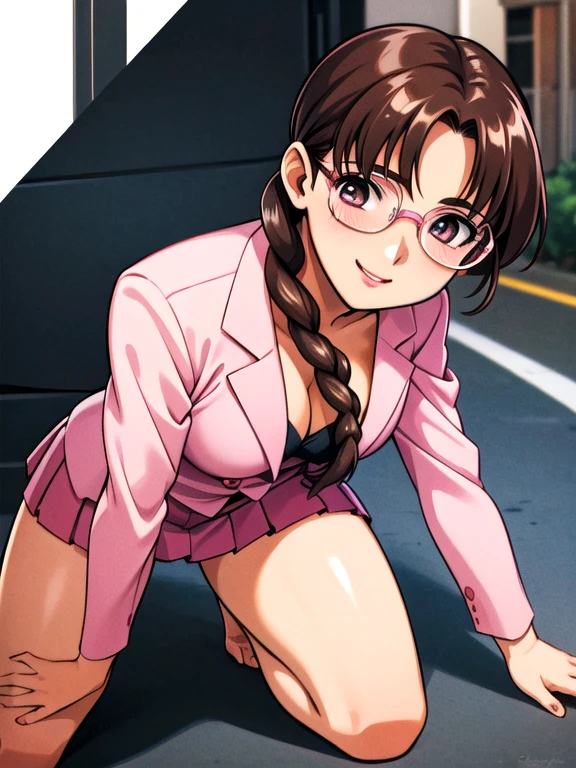 Koyomi Mizuhara, brunette hair, glasses, thirst trap, erotic look, seductive face, big huge breasts, sexy hot white shirt, tight skirt, thong bikini, stiletto heels, full view ass cheeks, hourglass figure, twerking, people sexual dancing, bending over