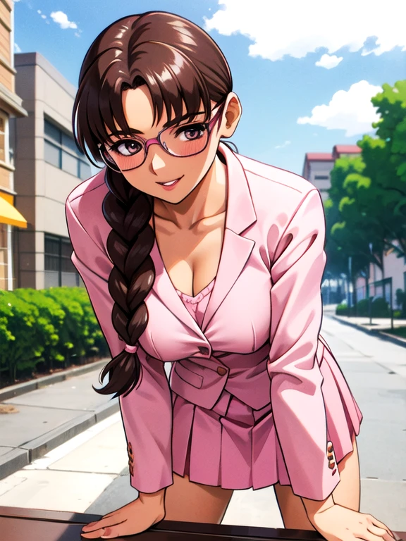 smile,View your viewers,A dark-skinned woman rolling up her skirt,suit,From below,street,Ayumi_arima,Long Hair,Brown Hair,25-year-old woman, Single Pigtail,Pink Lip, Glasses,pink suit,1 braid, 