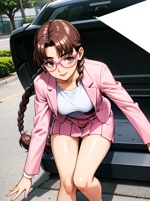 smile,View your viewers,A dark-skinned woman rolling up her skirt,suit,From below,street,Ayumi_arima,Long Hair,Brown Hair,25-year-old woman, Single Pigtail,Pink Lip, Glasses,pink suit,1 braid, 