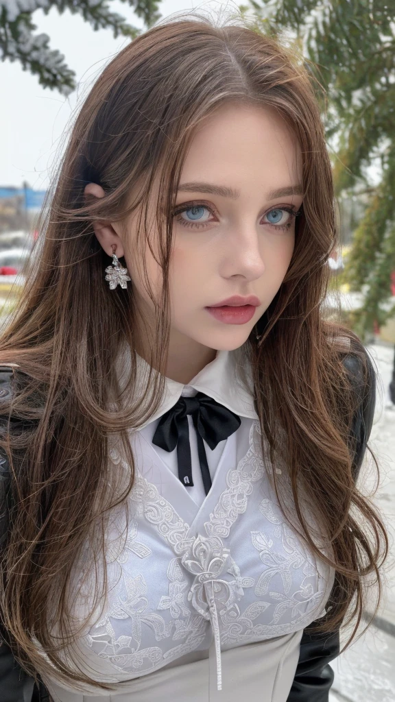 1 miniature Beautiful beautiful woman - Yuan Sayuki, ((top quality, 8K, Masterpiece:1.retty woman, 1 woman, huge breasts:1.3, a slim body:1.1, lush GINGER long hair, (shower, wet body, wet clothes:1.1), very detailed face, detailed lips, detailed eyes, double eyelids, Detailed blue eyes, чрезвычайно Detailed Outstanding Blue Eyes, long GINGER wet hair, GINGER wet hair, Detailed Outstanding Blue Eyes, innocent look at the viewer, very wet wavy white hair, Detailed Outstanding Blue Eyes, huge cross earrings, Outdoors, badges behind, gothic maid uniform, sexy maid dress, bare chest, huge chest tattoo, detailed huge catholic cross earrings, chest tattoo, Outside, wear a silver cross (Detailed cross shape), reality mode, wet breasts, black necklace, human crowd behind, black latex gloves, hair of white snowy colour, night time, red neon lights, demonic nun, nimbus (golden lighting ring above her head), angel, snowy weather, sexy pose, white lingerie, black maid dress, detailed flower wreath made of different colours, open chest