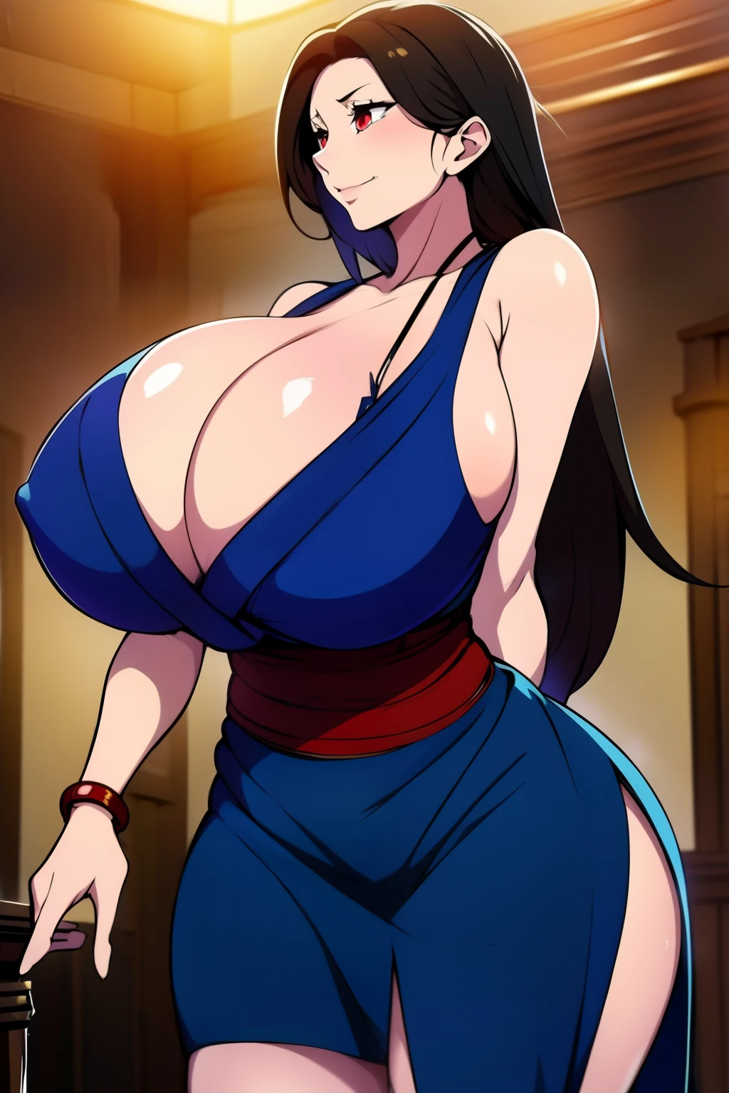 An anime-style artwork depicting tifa from the game final fantasy 7

Tags: tifa, anime, detailed eyes, detailed lips, ass, 1girl, red eyes, (blue short kimono:1.1),, (black hair:1.1), solo, huge breasts, smiling expression, intense gaze, dynamic pose, indoor, palace, vibrant colors, gold jewelry, gold bracelet, digital art, high-resolution, professional quality, gigantic breasts, cleavage), curvy, cowboy shot, (gigantic breasts: 1.4),