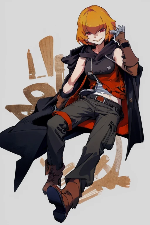 ((highest quality)), ((masterpiece)), (be familiar with),Clementine,Overload,{{nsfw}},Sleeveless hoodie,cargo pants,Bewitching Smile,whole body,boots,Long coat