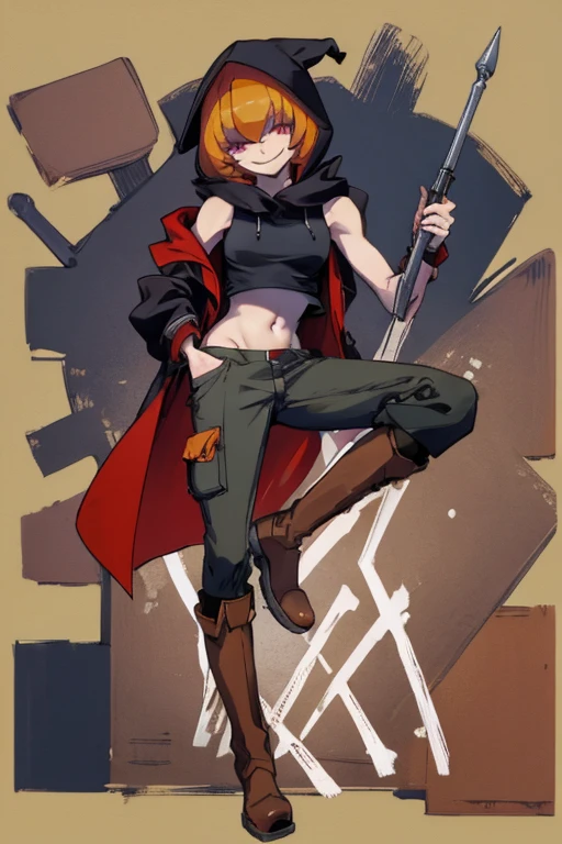 ((highest quality)), ((masterpiece)), (be familiar with),Clementine,Overload,{{nsfw}},Sleeveless hoodie,cargo pants,Bewitching Smile,whole body,boots,Long coat