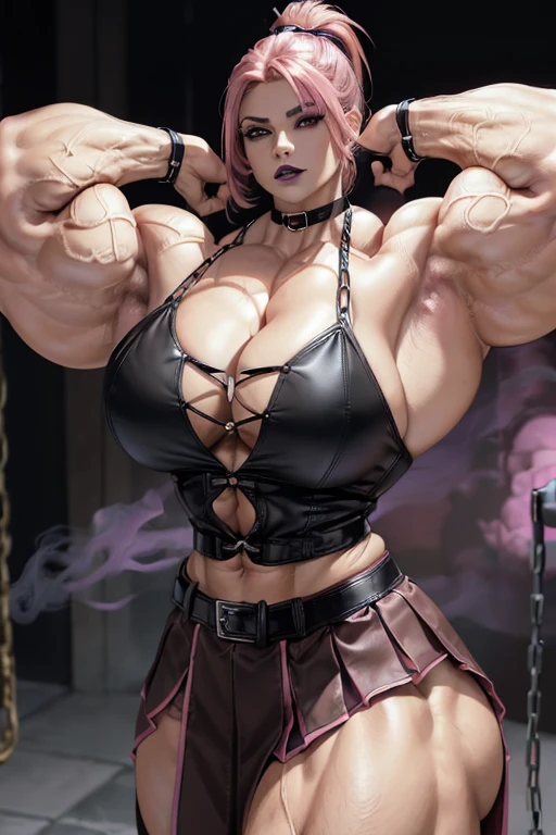 ((((Massive tall, beautiful, buff, light brown skinned muscular woman with shocking pink hair, black lipstick, ginormous bulky muscles, flexing biceps and wearing an half button down black blouse with pleated skirt and leather coat)))), close view, massive muscle, massive biceps, hyper muscle shoulders, ((ginormous muscle arms)), hyper muscle triceps, (angled bob cut), red eyes, choker, (chain belt), black coat, black boots, (fingerless gloves), (pink smoke surrounding the body), in a darken skyscraper office, sexy glare, night, hyper vascular arm, hyper muscles arms, hyper muscle legs, (ginormous arms).