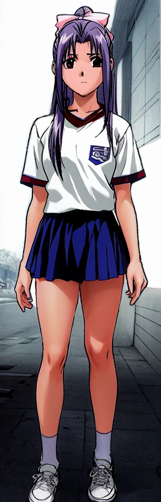 Momoko Koigakubo, a tall girl with beautiful legs, is standing in a white gym uniform and navy blue bloomers that look like panties.。