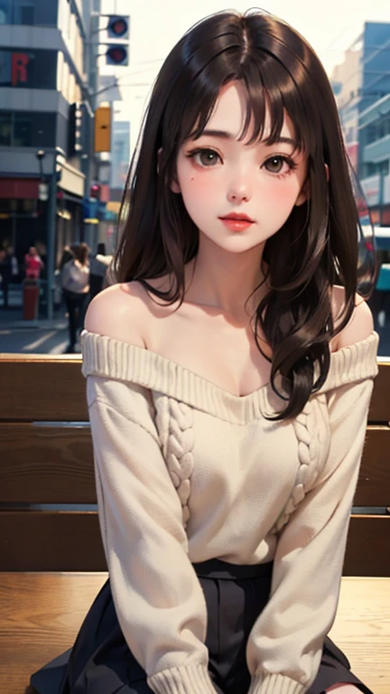 Blushing lightly and smiling, (Top quality masterpiece:1.2) Delicate illustrations, Very detailed, /Beautiful Japanese Woman、1 person,Excellent style 、((8K images、super high quality))、Very delicate face, Beautiful forehead、Red lipstick,(((((Long Hair、Light brown hair、The tips of the hair are golden))))),Very cute Japanese cut face、Eyes and nose are clearly visible、Kind eyes,(Off-the-shoulder sweater、Tight Skirt)、City of night