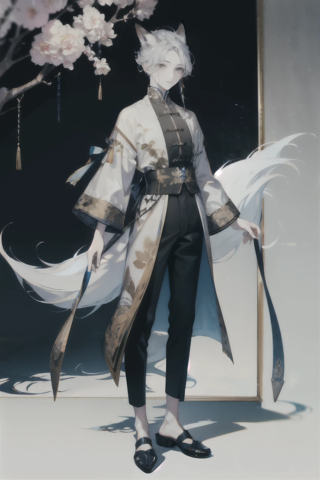 Are standing、full body,toe,((best quality)), ((masterpiece)), (detailed), perfect face
#boy:Silver Hair、Hair up to the neck、Fox Ears、Fox's Tail、Wearing headphones、seems kind、Your voice sounds low、Wide robe Japanese clothing、Onmyoji costumewhite background、