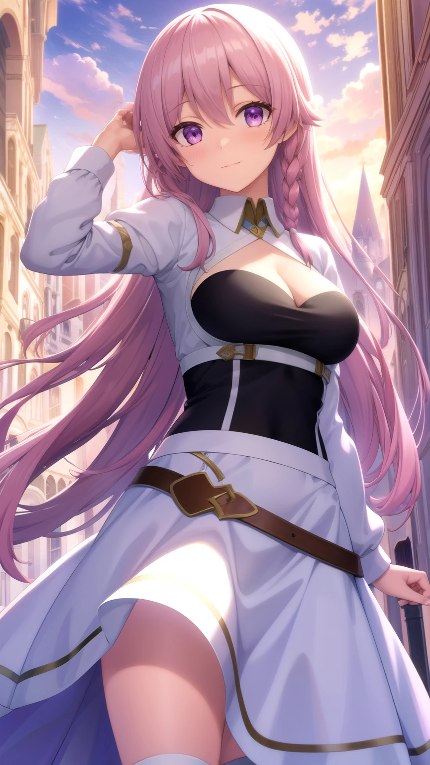 masterpiece, best quality, game cg, 1girl, solo, looking at viewer, , , ligne claire, , luna_heela, pink hair, purple eyes, , , , kerchief, The Castle of Shadows, 32k resolution