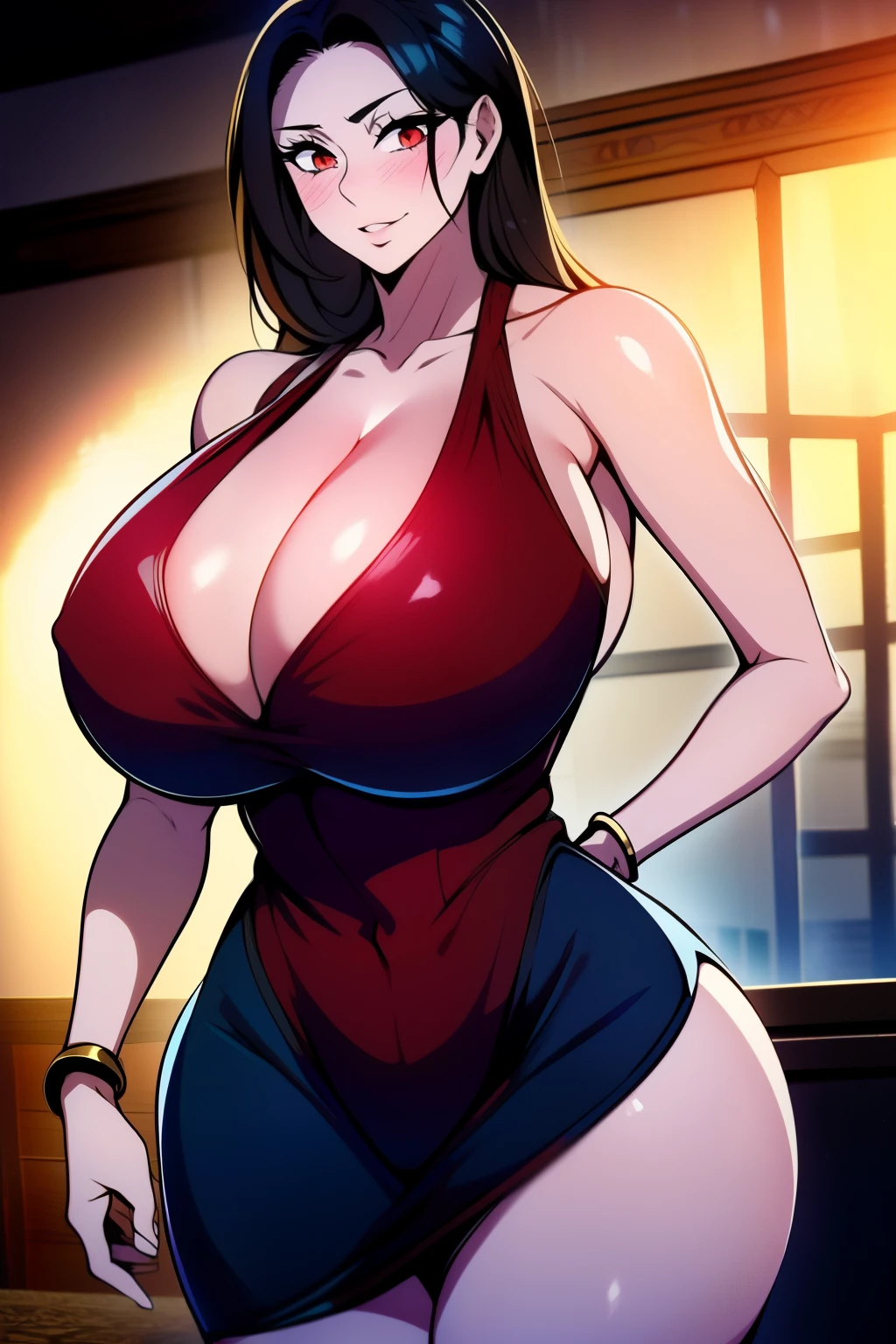 An anime-style artwork depicting tifa from the game final fantasy 7

Tags: tifa, anime, detailed eyes, detailed lips, ass, 1girl, red eyes,(blue minidress:1.1),, (black hair:1.1), solo, huge breasts, smiling expression, intense gaze, dynamic pose, indoor, palace, vibrant colors, gold jewelry, gold bracelet, digital art, high-resolution, professional quality, gigantic breasts, cleavage), curvy, cowboy shot, (gigantic breasts: 1.4),