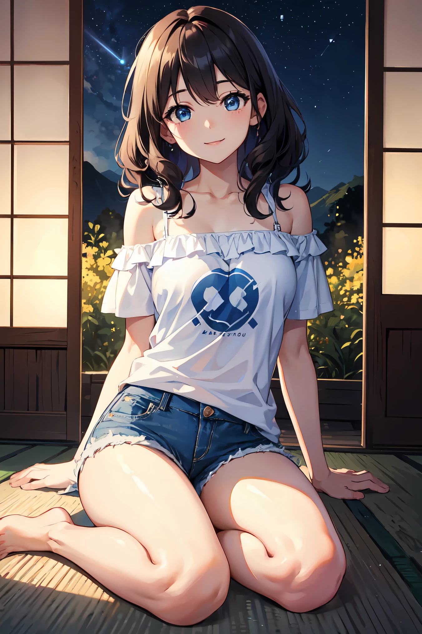 CG, Unity, 8k, wallpaper, highest quality,sunlight、Perfect lighting、 masterpiece, haruka amami, (smile: 1.2), 1 high school girl、Black Hair、Curly Hair、Blue Eyes、Dense lips、Light blue T-shirt、Off the shoulder、 BREAK denim shorts, barefoot, Thighs, Best lighting, Complex pupil, Complex weaving, Detailed Background, Japanese countryside, night、Starry Sky🌌、