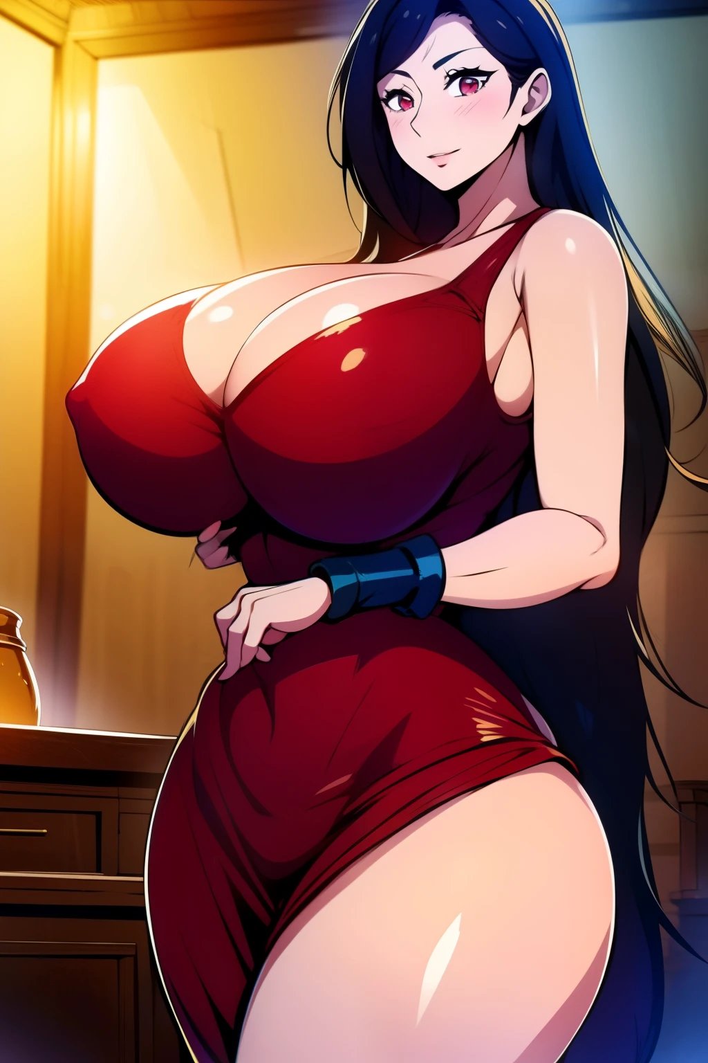 An anime-style artwork depicting tifa from the game final fantasy 7

Tags: tifa, anime, detailed eyes, detailed lips, ass, 1girl, red eyes,(blue minidress:1.1),, (black hair:1.1), solo, huge breasts, smiling expression, intense gaze, dynamic pose, indoor, palace, vibrant colors, gold jewelry, gold bracelet, digital art, high-resolution, professional quality, gigantic breasts, cleavage), curvy, cowboy shot, (gigantic breasts: 1.4),