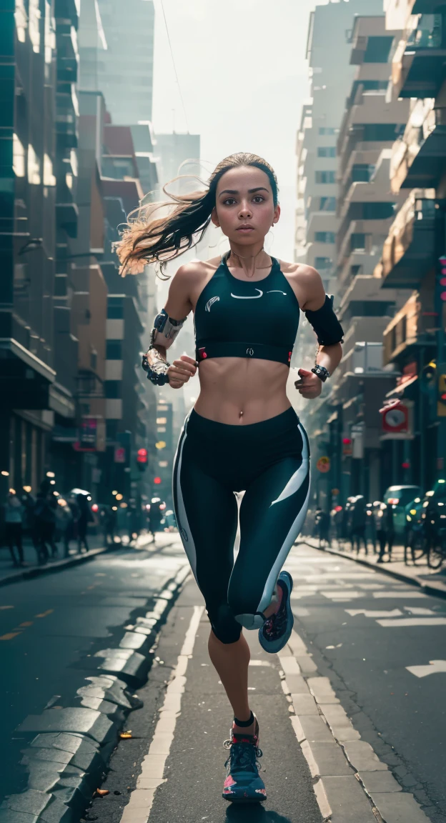 A cyborg girl is jogging down the street of a big city, passersby watching her with interest, high quality, Absurd, Masterpiece, Beautiful, complex parts, 1/2 body crops, slender body, Beautiful figure, Magnificent Anatomy, (complex parts:1.12), HDR, (complex parts, hyper detail:1.15), (natural skin textures, Hyperrealistic, soft light, Spicy:1.2)