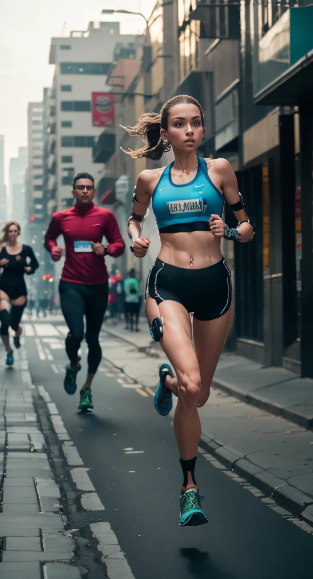 A cyborg girl is jogging down the street of a big city, passersby watching her with interest, high quality, Absurd, Masterpiece, Beautiful, complex parts, 1/2 body crops, slender body, Beautiful figure, Magnificent Anatomy, (complex parts:1.12), HDR, (complex parts, hyper detail:1.15), (natural skin textures, Hyperrealistic, soft light, Spicy:1.2)