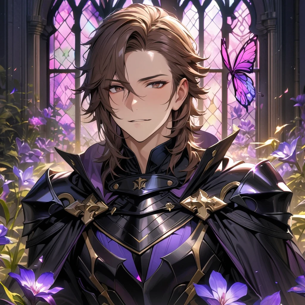 absurdres, highres, ultra detailed, HDR, master piece, best quality, Gerome, brown hair, expressive brown eyes, Fire Emblem Awakening, black cape, black armor, solo, sexy man, handsome, glass stained window, purple shining butterflies, purple lilies, purple petals, garden