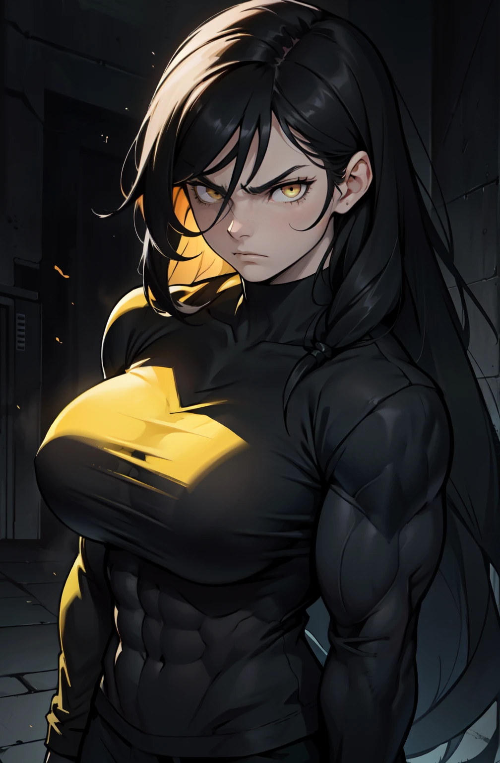 ((1 girl)), extremely long hair, solo, ((muscular)), veins, black hair, yellow eyes, pale skin, strong, veins, abs, (huge breasts), frown, dark atmosphere close up black shirt long sleeve dark room