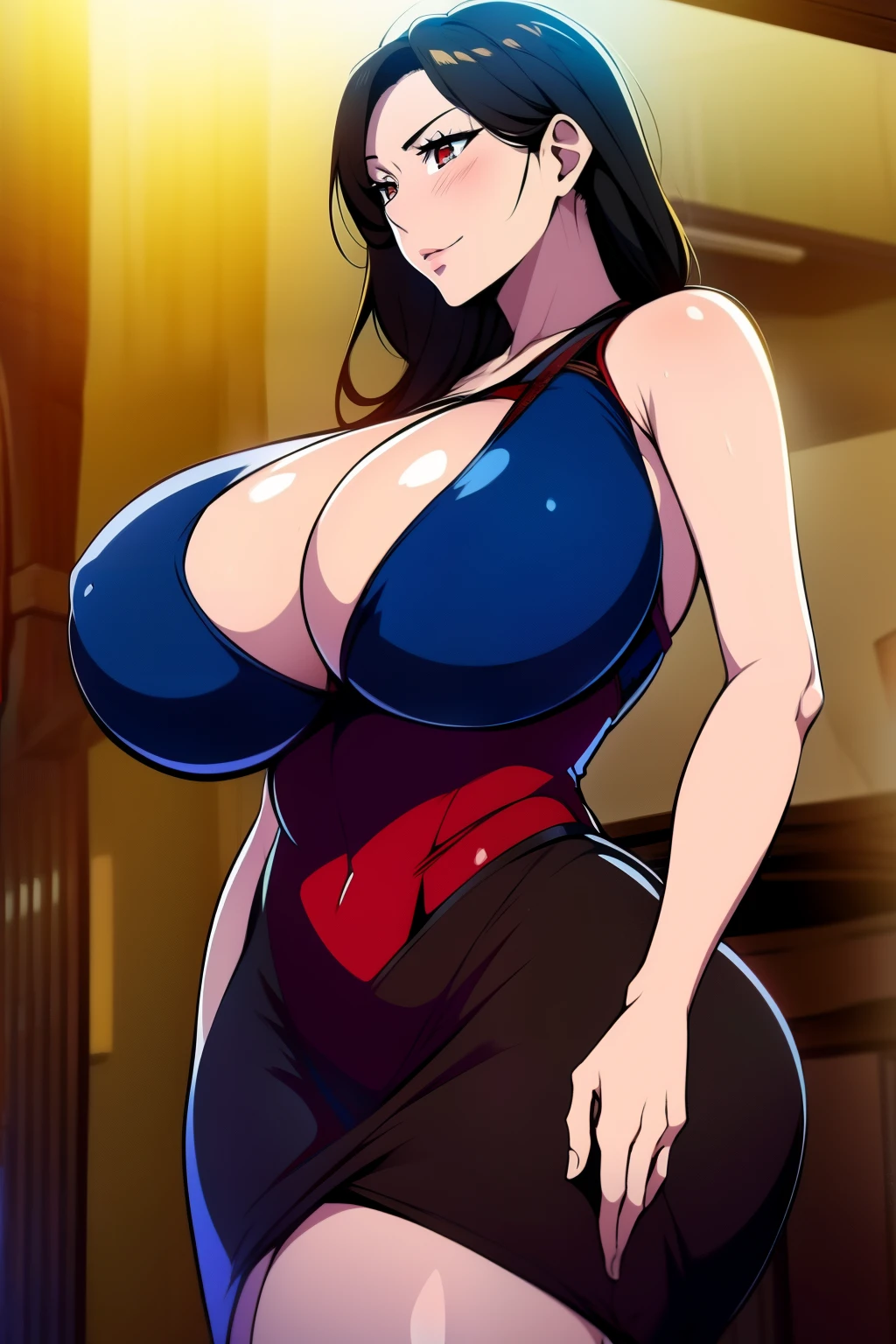 An anime-style artwork depicting tifa from the game final fantasy 7

Tags: tifa, anime, detailed eyes, detailed lips, ass, 1girl, red eyes,(blue minidress:1.1),, (black hair:1.1), solo, huge breasts, smiling expression, intense gaze, dynamic pose, indoor, palace, vibrant colors, gold jewelry, gold bracelet, digital art, high-resolution, professional quality, gigantic breasts, cleavage), curvy, cowboy shot, (gigantic breasts: 1.4),