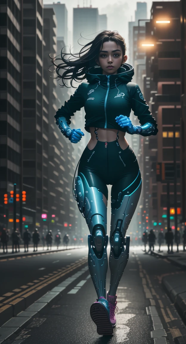 A cyborg girl is jogging down the street of a big city, passersby watching her with interest, high quality, Absurd, Masterpiece, Beautiful, complex parts, 1/2 body crops, slender body, Beautiful figure, Magnificent ???????, (complex parts:1.12), HDR, (complex parts, hyper detail:1.15), (natural skin textures, Hyperrealistic, soft light, Spicy:1.2)