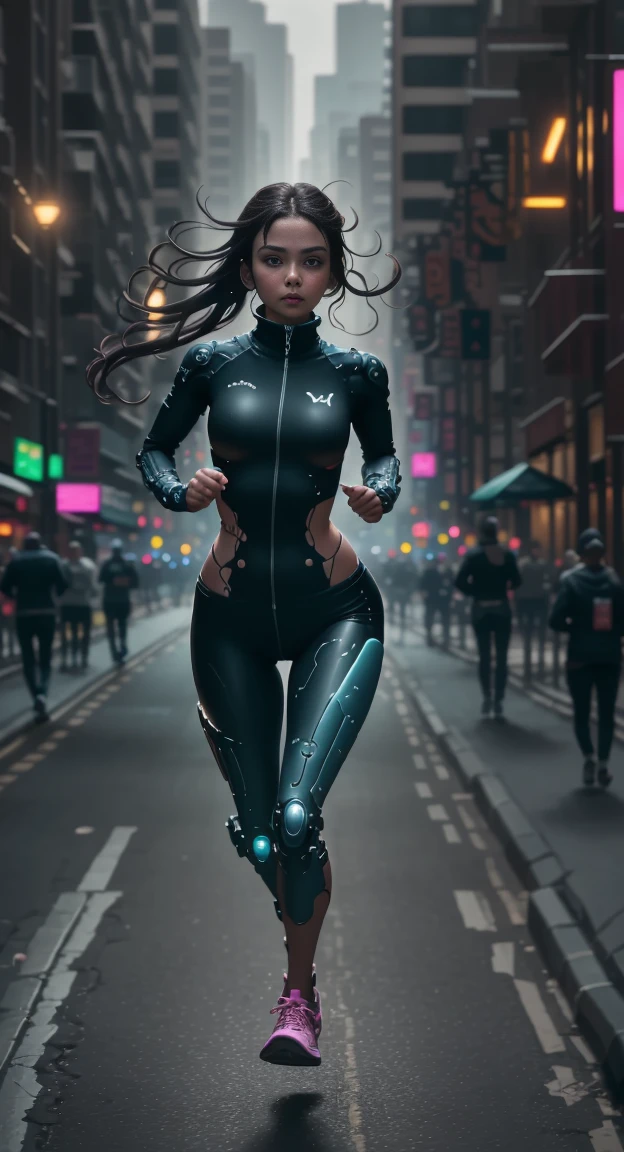 A cyborg girl is jogging down the street of a big city, passersby watching her with interest, high quality, Absurd, Masterpiece, Beautiful, complex parts, 1/2 body crops, slender body, Beautiful figure, Magnificent Anatomy, (complex parts:1.12), HDR, (complex parts, hyper detail:1.15), (natural skin textures, Hyperrealistic, soft light, Spicy:1.2)