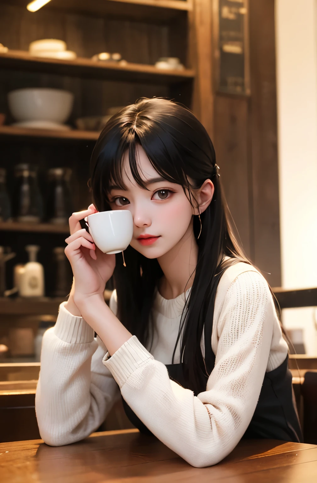 Beautiful woman drinking coffee in a cafe、bangs
