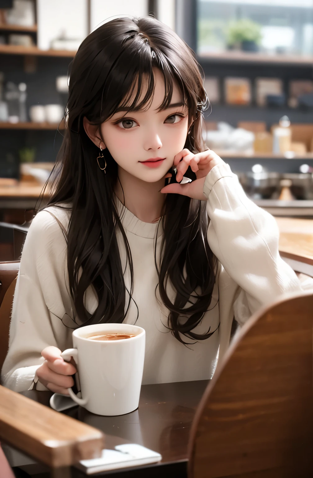 Beautiful woman drinking coffee in a cafe、bangs