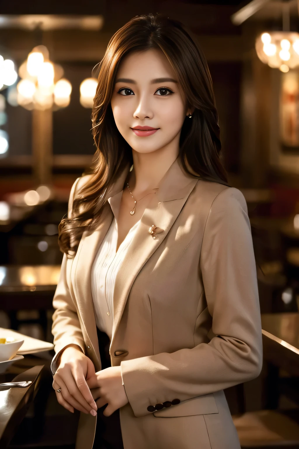 masterpiece, highest quality, Realistic, Very detailed, Finer details, High resolution, 8k wallpaper, One beautiful woman, Wear casual business attire, In a great restaurant, At night, Light brown messy hair, Perfect dynamic composition, Beautiful and beautiful eyes