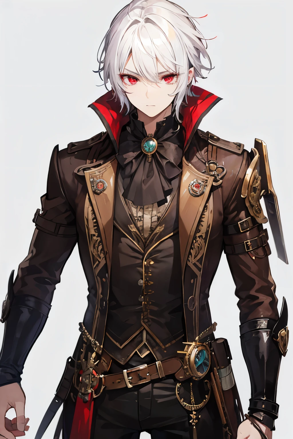 steampunk, man, white hair, red eyes, no background