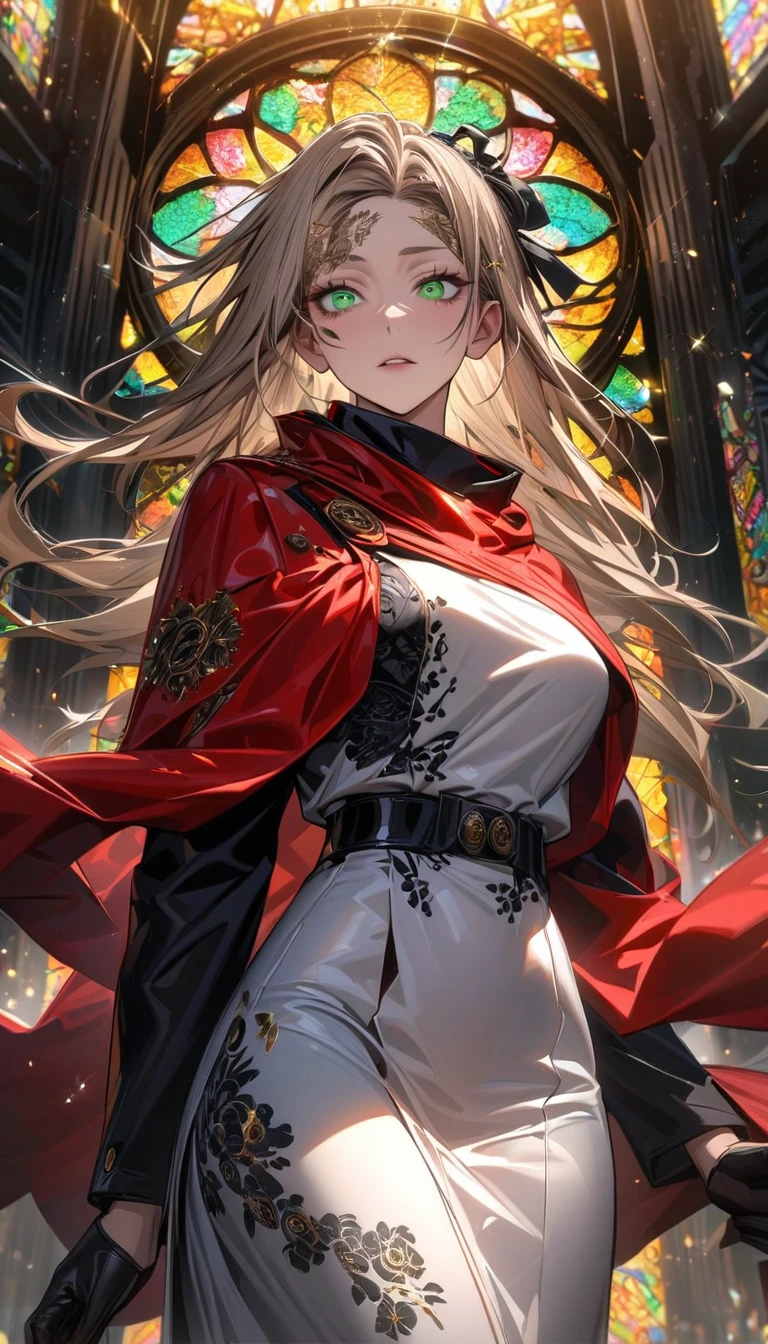 Ultra detailed, Highres, absurdres, HDR, master piece, Aida, ash blond hair, expressive green eyes, extremely beautiful, Jujutsu Kaisen, black ribbon on her hair, woman, solo, extremely detailed eyes and face, white long dress with black patterns, red cape, golden stained glass, glittering, black gloves,