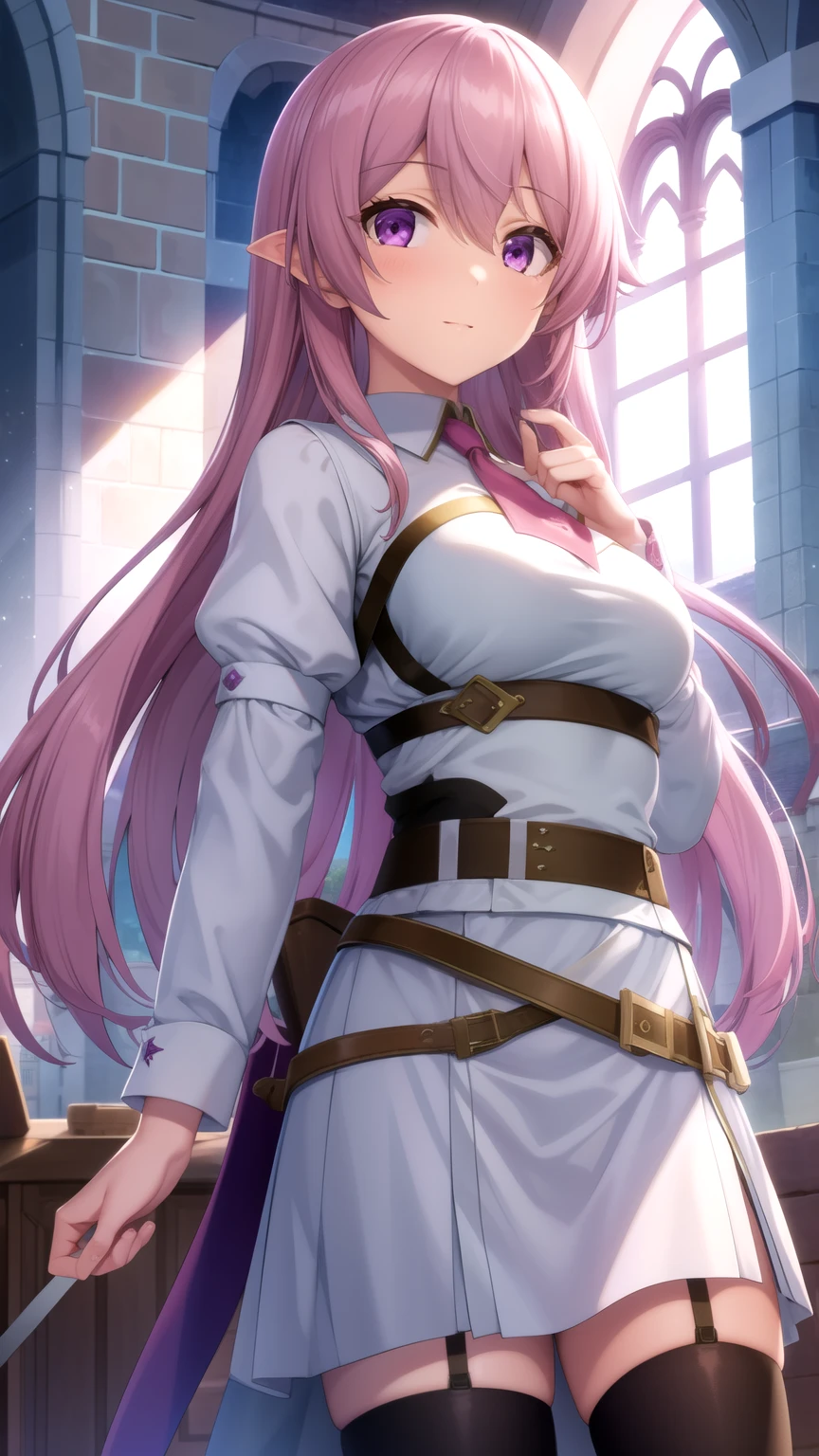 masterpiece, best quality, game cg, 1girl, solo, looking at viewer, , , ligne claire, , luna_heela, pink hair, purple eyes, , , , kerchief, The Castle of Shadows, 32k resolution