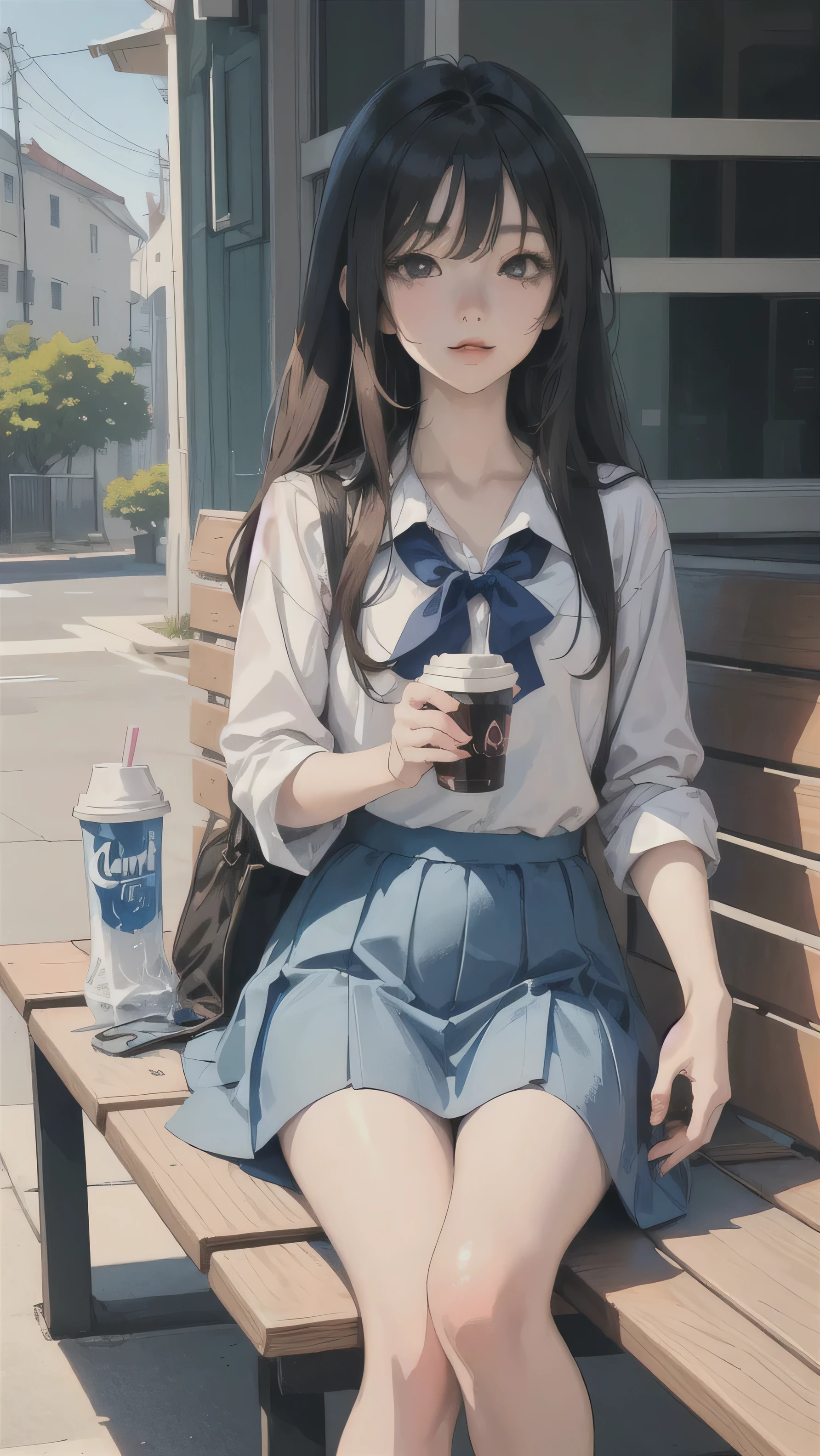 anime girl sitting on a bench with a cup of coffee, cute anime girl, anime style illustration, soda themed girl, beautiful anime high school girl, a hyperrealistic schoolgirl, anime girl, young anime girl, beautiful anime girl, anime girl drinks energy drink, anime style 4 k, digital anime illustration, retro anime girl, anime visual of a cute girl