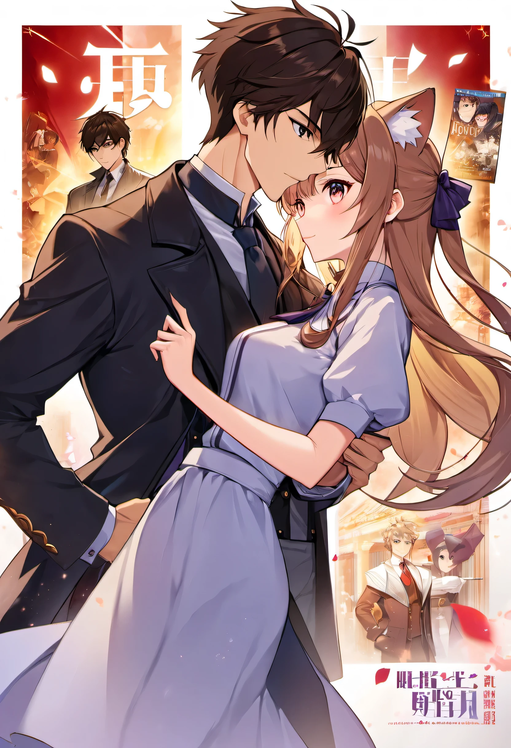movie poster, movie artwork, concept art of love, romance novel cover, highres, top quality, best quality, perfect artwork, absurdres, perfect anatomy(couple, young 1male detective, 1woman in Chinese dress)(furry, kemono, anthro)with some elements of 007, battle,