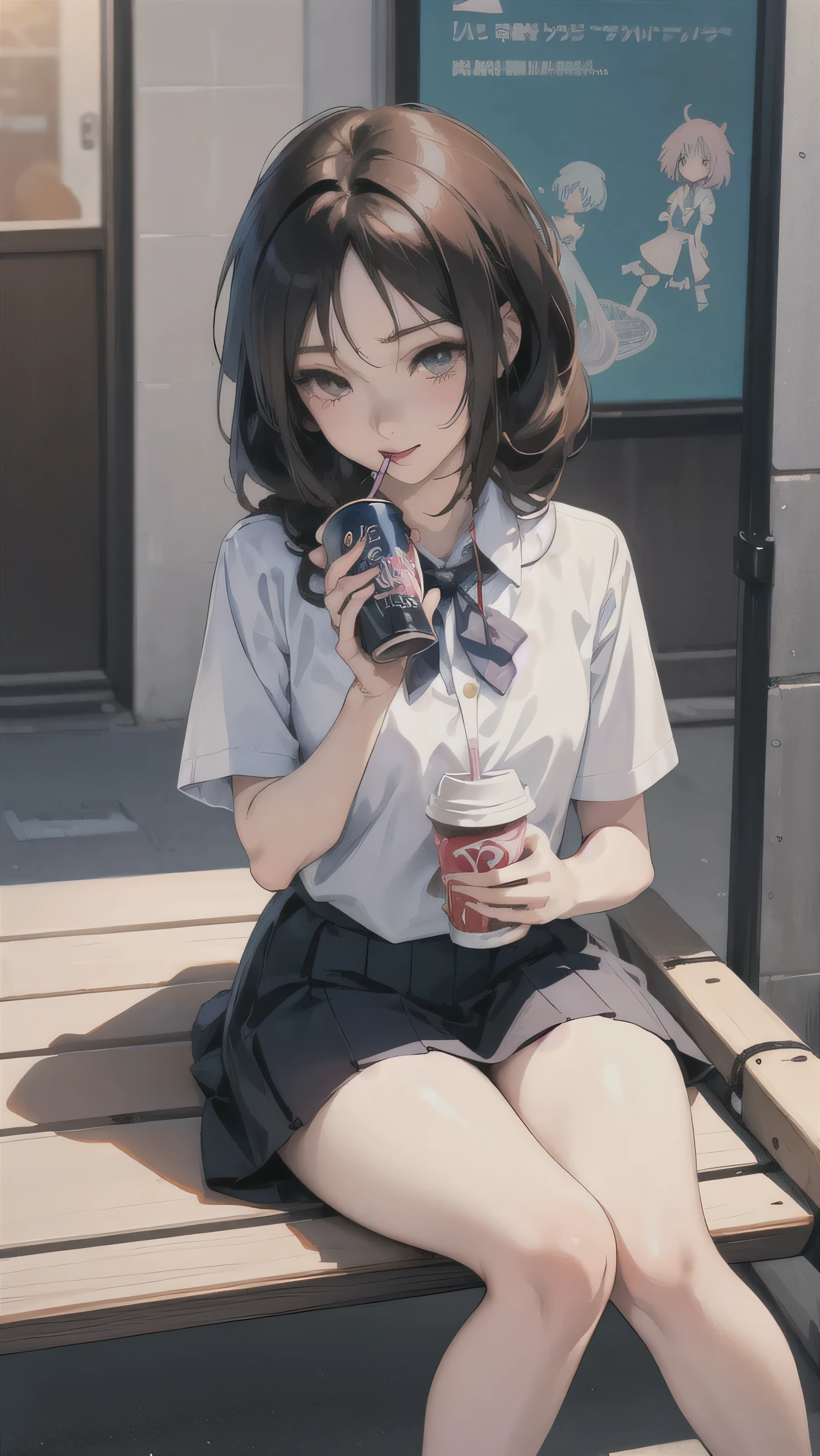 anime girl sitting on a bench with a cup of coffee, cute anime girl, anime style illustration, soda themed girl, beautiful anime high school girl, a hyperrealistic schoolgirl, anime girl, young anime girl, beautiful anime girl, anime girl drinks energy drink, anime style 4 k, digital anime illustration, retro anime girl, anime visual of a cute girl