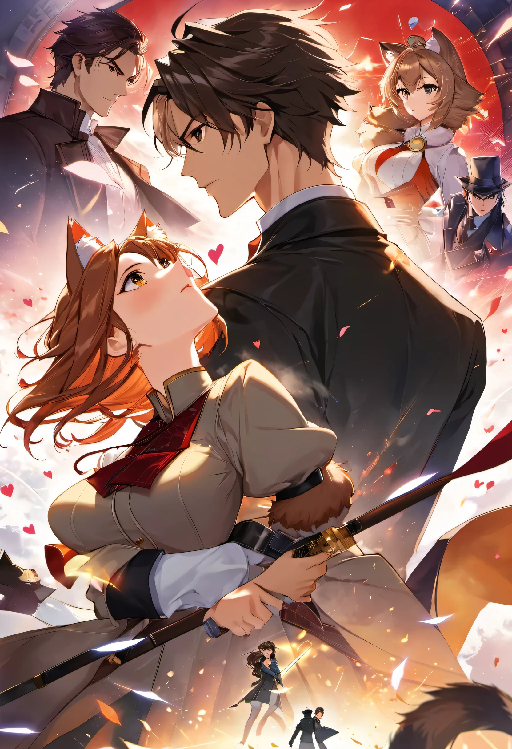 movie poster, movie artwork, concept art of love, romance novel cover, highres, top quality, best quality, perfect artwork, absurdres, perfect anatomy(couple, young 1male detective, 1woman in Chinese dress)(furry, kemono, anthro)with some elements of 007, battle,