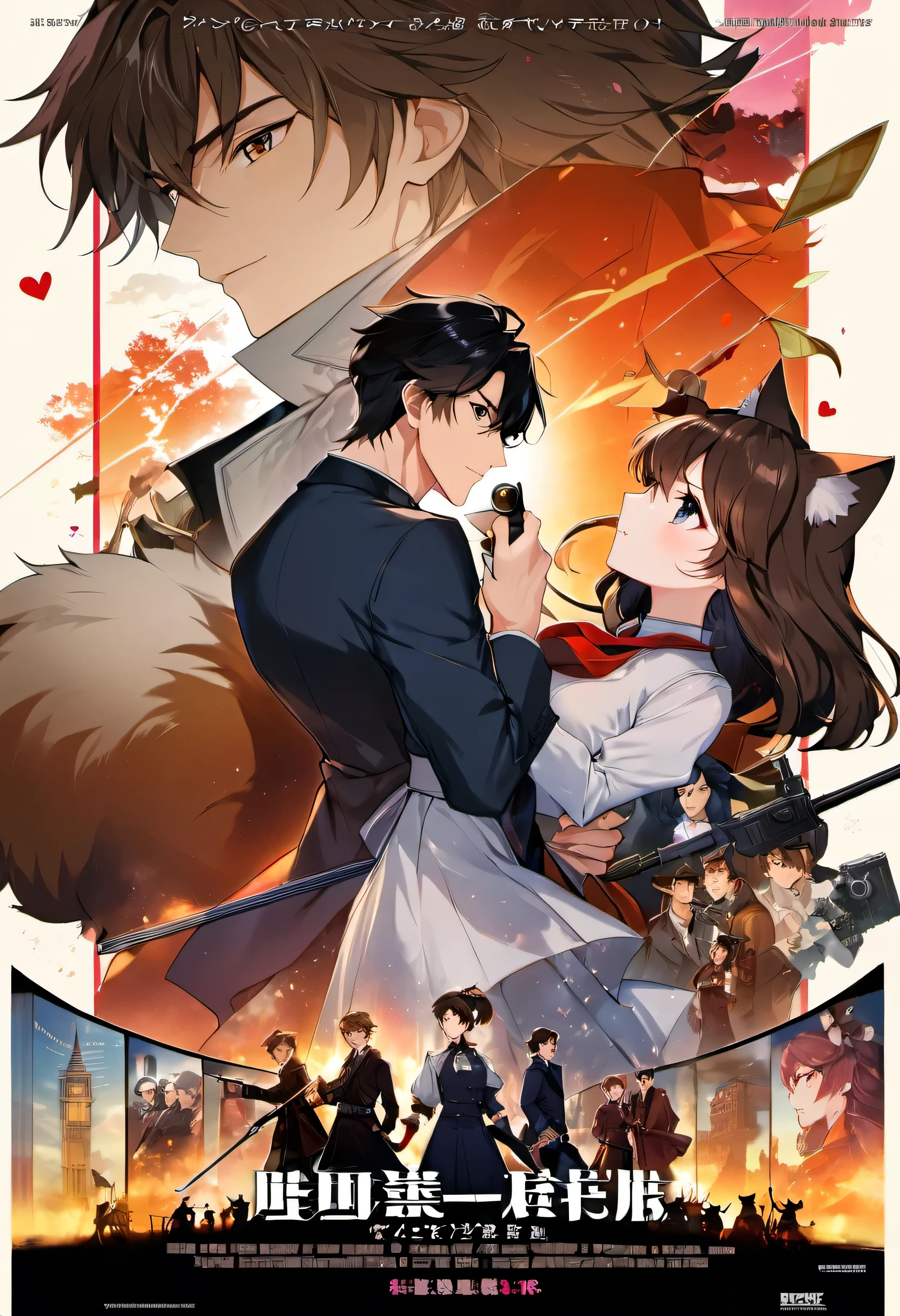 movie poster, movie artwork, concept art of love, romance novel cover, highres, top quality, best quality, perfect artwork, absurdres, perfect anatomy(couple, young 1male detective, 1woman in Chinese dress)(furry, kemono, anthro)with some elements of 007, battle,