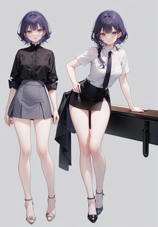 Purple Hair,Shortcuts,Adult female,bartender,((Rolling up his sleevesＹshirt)),((mini skirt)),(slit),High heels,,((Simple Background)),smile,((Full Body)),((full body)),((whole body)),Character Sheet,upright,,Both arms hanging straight down