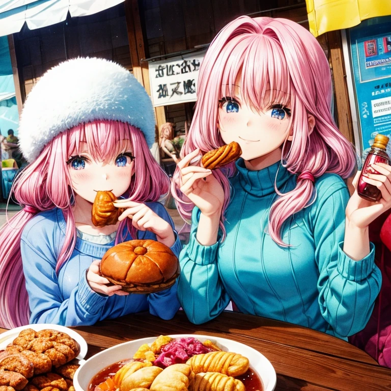 Pink-haired woman with wheel eyes wearing a blue sweater eating piroshki and borsch at a Russian street food stall highest quality Tight clothing There is a bottle of vodka on the table Borsch 1.5